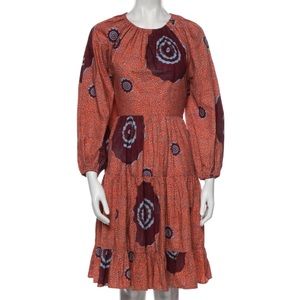 Ulla Johnson Orange Printed Knee Length Dress with Cutout Back and Pockets